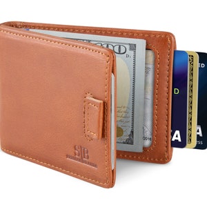Billetera con bloqueo RFID de dos pliegues para hombre, billetera minimalista delgada con bolsillo frontal de cuero de grano completo con clip para dinero, color caramelo oscuro 3.0