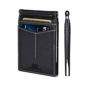 Billeteras minimalistas de cuero genuino con bloqueo RFID, delgadas, plegables y con bolsillo frontal para hombres con clip para dinero - Negro carbón Rogue