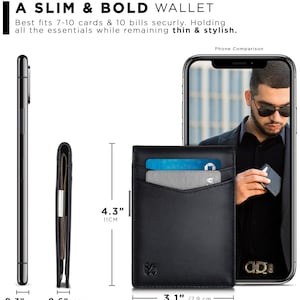 May include: A black leather wallet with a card slot and a money clip. The wallet measures 4.3 inches tall and 3.1 inches wide. The wallet is shown next to a smartphone for size comparison.