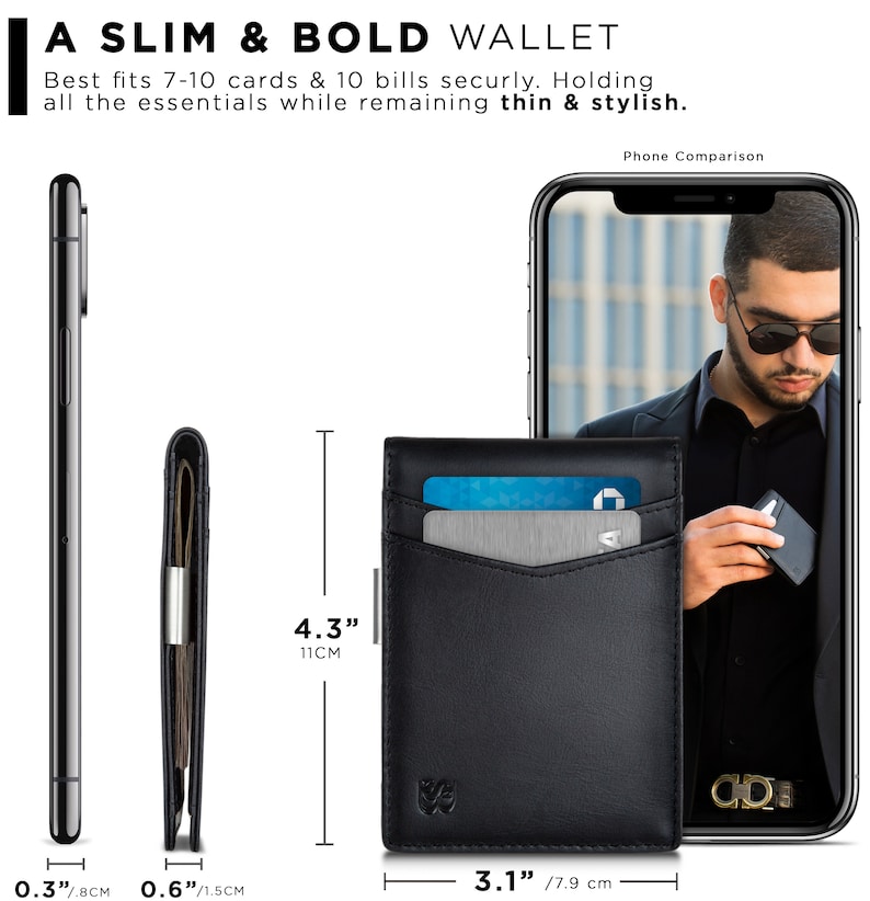 May include: A black leather wallet with a card slot and a money clip. The wallet measures 4.3 inches tall and 3.1 inches wide. The wallet is shown next to a smartphone for size comparison.