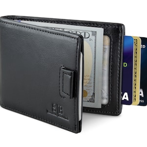 Cartera plegable con bloqueo RFID para hombre, de cuero de plena flor, con bolsillo frontal, delgada y minimalista, con clip para billetes, color negro medianoche 3.0