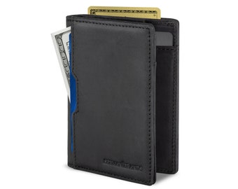 Travel Wallet RFID Blocking Bifold Slim Genuine Leather Thin Minimalist Front Pocket Wallets for Men Billfold - Charcoal Black 5.S