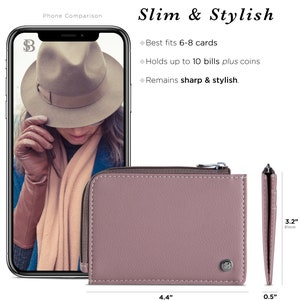 May include: A mauve leather wallet with a zipper closure and a small logo on the front. The wallet measures 4.4 inches wide by 3.2 inches tall and 0.5 inches thick.