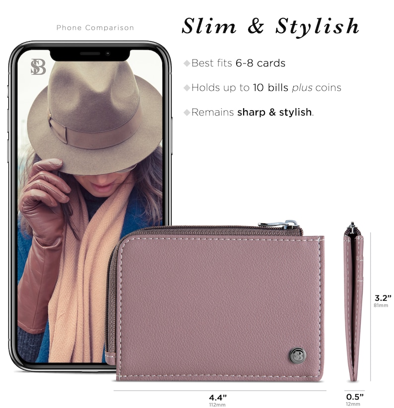 May include: A mauve leather wallet with a zipper closure and a small logo on the front. The wallet measures 4.4 inches wide by 3.2 inches tall and 0.5 inches thick.