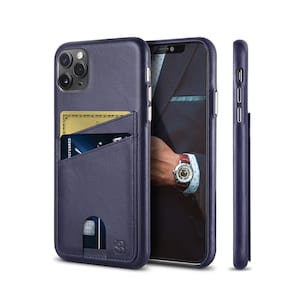 Funda tipo billetera para iPhone 11 Pro con tarjetero. Funda para teléfono hecha a mano de piel de grano completo con carga inalámbrica - Azul Atlántico