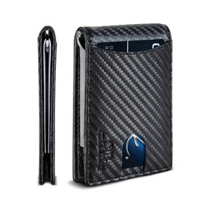 Billetera minimalista delgada de cuero genuino con bloqueo RFID, de dos pliegues, con bolsillo frontal y clip para dinero para hombres (fibra de carbono 1.S)