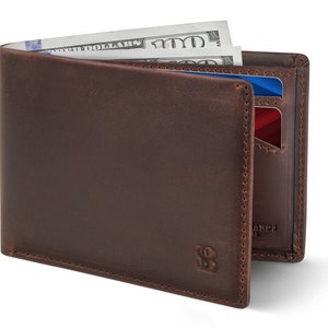 Billetera delgada plegable para hombre, billetera minimalista de cuero de grano completo con bolsillo frontal y bloqueo RFID, delgada y elegante, marrón Texas