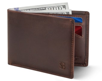 SERMAN BRANDS Mens Slim Bifold Wallet RFID Blocking Minimalist Front Pocket Full Grain Leather Wallets for Men Thin Stylish - Texas Brown