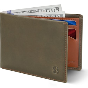 Billetera delgada plegable para hombre con bloqueo RFID, billetera minimalista de cuero de grano completo con bolsillo frontal, delgada y elegante, color verde salado