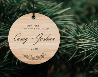 Our First Christmas Engaged  Personalised Ornament  Mr & Mrs Couples Engagement or Valentine Gift  Custom Wooden Bauble  Tree Decoration