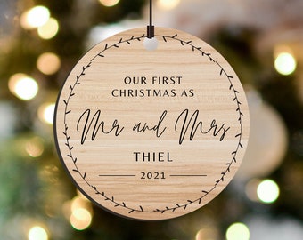 Our First Christmas as Mr & Mrs  Personalised Ornament  Married Couple Wedding Gift  Custom Wooden  Acrylic Xmas Bauble Tree Decoration