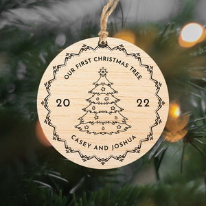 Personalised First Christmas Tree Ornament: Engraved Wood or Acrylic, Couples Gift