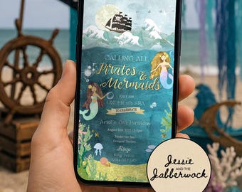 Mermaids & Pirates Birthday Invite | Joint party invitation | Under the Sea Party | Swashbuckling | Gender neutral | Edit yourself on Canva