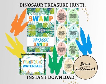 May include: Printable dinosaur treasure hunt game with colorful dinosaur footprints and clues written on eggs. The game includes locations like Swamp, Jurassic Sands, and Thundering Waterfall. The text "Instant Download" is at the bottom of the page.
