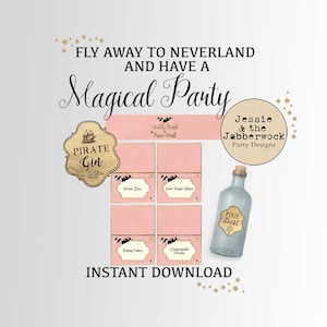 Könnte beinhalten: Druckbare Party-Geschenk-Etiketten mit rosa Hintergrund und schwarzen Silhouetten von Vögeln. Die Etiketten tragen den Text "Fairy Dust", "Lost Boys Elixir", "Fairy Cakes" und "Jabberwocky Treats". Außerdem gibt es eine Flasche "Pixie Dust" und ein Etikett mit der Aufschrift "Pirate Gin".