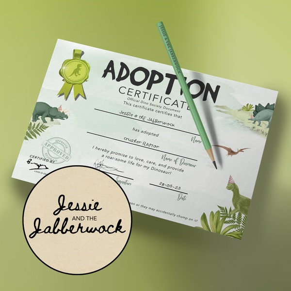 Adopt a Dinosaur sign & Certificate Party Pack Printable | Dino adoption Party | Instant download | 3-Rex | Dino-Four | Dino party favours