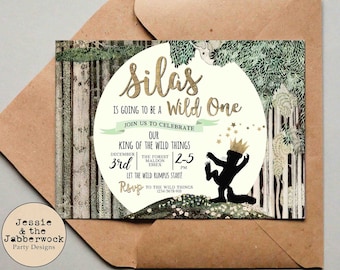 Where the Wild things Are Invitation, Wild One Moon Invite, Let the Wild Rumpus Start, First Birthday Forest party