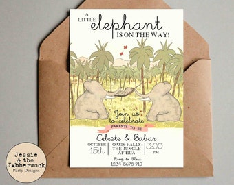 Elephant Baby Shower Invitation, jungle peanut invite, Gender Neutral, Wild