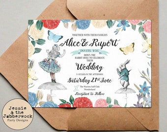 Floral Alice in Wonderland Wedding Invitation, Down the Rabbit Hole Tea party Set