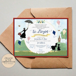 Mary Poppins London Baby Shower Invite, Let&#39;s go fly a kite invitation, Park, summer picnic, spoonful of Sugar, Book Request