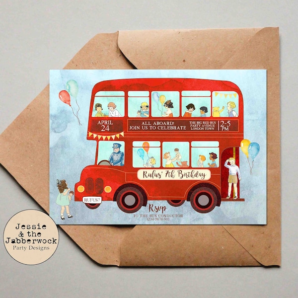 The Wheels on the Bus Go Round and Round Invite, Red Bus Birthday Invitation (en)