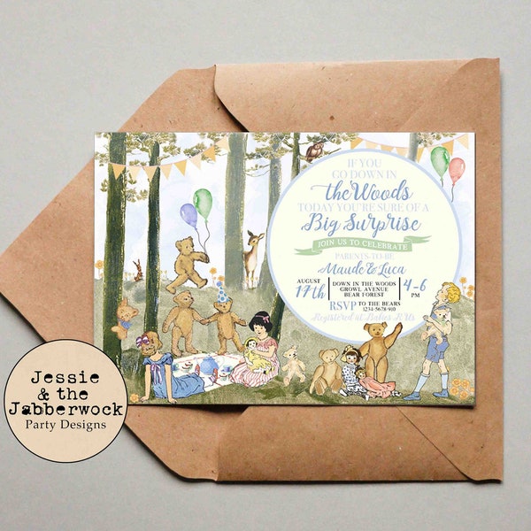 Vintage Teddy Bear Picnic Baby Shower Invitations, Décorations Baby Blue Gingham Party.