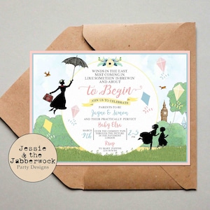 Mary Poppins Baby Shower Invites, Let&#39;s go fly a kite London invitations
