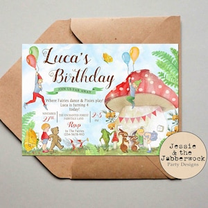 Enchanted Fairy Tale Party Invitation, Pixies and Woodland creatures Invite, Toadstool House, Teddy bar picnic Birthday