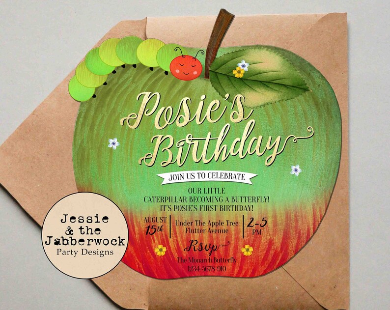Hungry Caterpillar Birthday Invite Apple Invitation Butterfly insect Apple of our eye