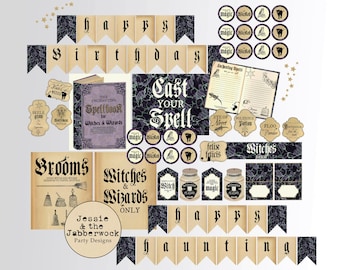 Hexen und Zauberer Party Set, Zaubertrank Etiketten, Zauberbücher, Tags, Wasserflaschen Etiketten, Essen Zelte, Magische Dekorationen, Apotheke, Banner