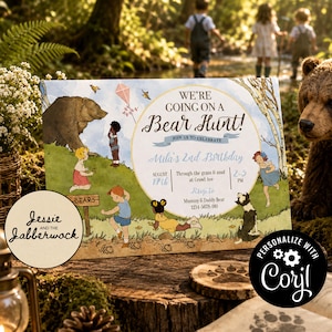 May include: A charming birthday invitation with a bear hunt theme. The design includes illustrations of children and bears, with the text "We're Going on a Bear Hunt!" Details for Mila's 2nd birthday are included, with a storybook style.