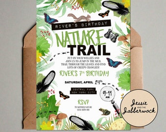 May include: A white invitation with a green and black nature theme. The invitation is for River's 7th birthday party. The text reads "River's Birthday Nature Trail" and "Saturday, April 24th, Central Park, New York City". The invitation has a green and black nature theme with images of butterflies, leaves, mushrooms, and a frog.