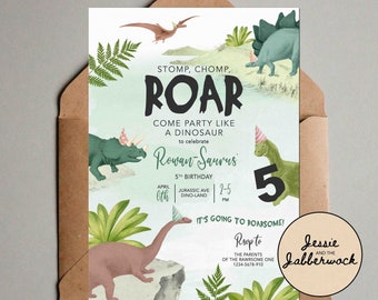 May include: A green and blue dinosaur party invitation with the text "STOMP, CHOMP, ROAR" and "COME PARTY LIKE A DINOSAUR to celebrate Rowan Saurus' 5th BIRTHDAY". The invitation includes a date and time, an address, and the text "IT'S GOING TO ROARSOME!" and "RSVP to THE PARENTS OF THE RAWRSOME ONE 1234-5678-910".