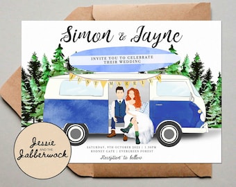 Personalised Couple and Camper Van / Vehicle Illustration Wedding Invites, Custom portrait drawing invitation, Personalized Save the Date