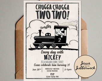 Vintage Mickey Mouse Chugga Chugga Two Two Birthday Invite, Retro party invitation | 2nd Birthday | Twodles | Train | Black and White party