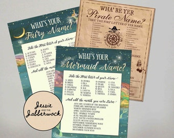 What's your Pirate Name? What's your Fairy Name? What's your Mermaid Name? Neverland Party | Treasure Hunt Birthday, Name Tent Labels
