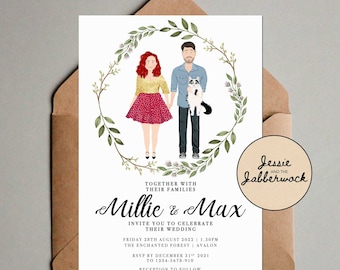 Personalised Couple and pet Illustration Wedding Invites, Custom portrait drawing invitation, Personalized Floral Save the Date, RSVP