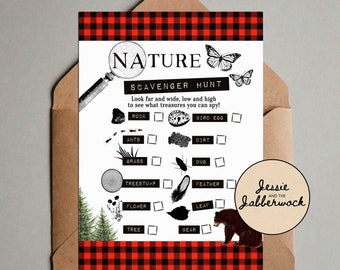 Plaid Nature Trail Scavenger Hunt Printable Checklist | Lumberjack | Bear hunt party | Wild Camp l Explorer | Instant download