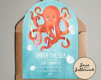 May include: An invitation to an under the sea themed birthday party for a child turning eight. The invitation features an illustration of an octopus with candles on its tentacles. The text on the invitation reads "Join us Under the Sea to Celebrate Eight Lilia Turning 8 Saturday, September 24 at 2-5pm An Octopus's Garden, Ocean View RSVP 1234-5678-910 Jessie and the Jabberwock"