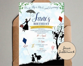 Mary Poppins Invite, Let's go Fly a Kite, Supercalifragilisticexpialidocious Picnic Birthday Party Invitations