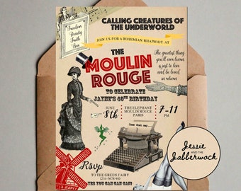 Moulin Rouge Invite, Creatures of the Underworld Typewriter Birthday Invitation | Paris Party | Hen do | Bridal Party