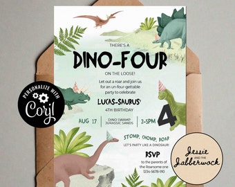 Convite para o 4º aniversário do dinossauro Dino-Four, convite para a festa do 4º aniversário do dinossauro | Stomp, Chomp, Roar, venha festejar como um dinossauro