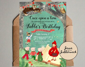 Enchanted Fairy Tale Invitation, Once upon a time Invite, Classic children's story books, Red Riding Hood, Three Little Pigs, Pinocchio