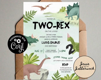 aniversário de 2-REX RAWWR o ò convida, convite de festas Roarsome do dinossauro de &lt;br&gt; Entrega Rápida? Stomp, Chomp, Roar, venha festejar como um dinossauro | Corjl Edite você mesmo