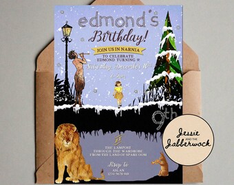 Winter Woodland Lampost and Lion Invite | Enchanted Forest Invitation, snowy winter wonderland