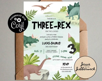 3-REX RAWWR 3rd Birthday Invite, Three-Historic Dinosaur Editable PNG invitation | Stomp, Chomp, Roar, come party like a Dinosaur |