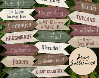 Story Book Directional signs Party Pack Printable | Fairy Tale Decorations | Enchanted storyland | World Book Day | Library Fictional places