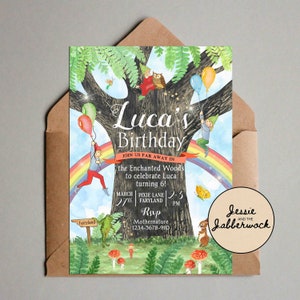 May include: A colorful birthday invitation with a whimsical illustration of a tree, a rainbow, and fairies. The text reads "Luca's Birthday" and includes details about the party, including the date, time, and location. The invitation is decorated with a whimsical illustration of a tree, a rainbow, and fairies.