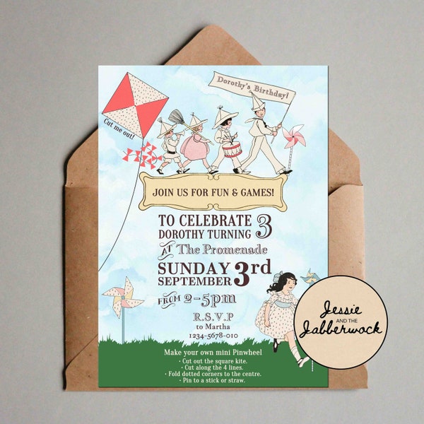 Vintage children Pinwheel Invitation, school fete flyer, Kite Flying, Pin Wheel DIY, Printable, picnic garden birthday parade