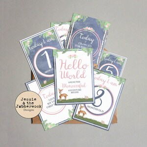 Cartes Baby Milestone, 12 mois de WonDEERful, Enchanted Woodland, Little Deer and Bunny photo props